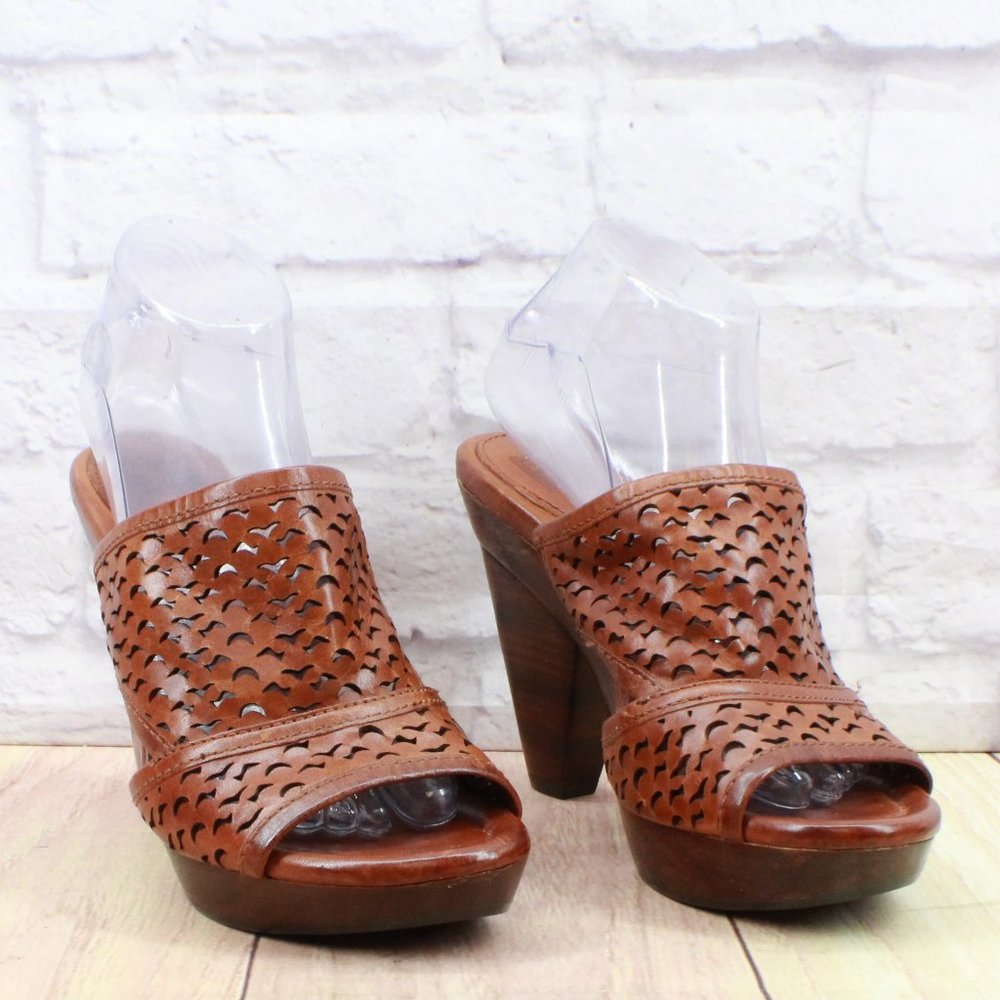 Frye Sage Cut Brown Leather Slip On Platform Heeled Sandals Size 9 Medium - Picture 3 of 9